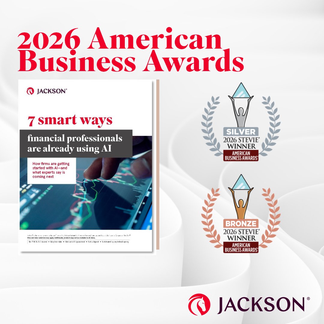 JacksonNational's tweet photo. In a space full of AI predictions, we took a different approach: What are financial professionals already doing—right now?

That focus helped “7 smart ways financial professionals are already using AI” earn:

🏆Silver – Best E-Book
🏆Bronze – Small-Budget Marketing

We are proud to have earned two honors in the 2026 American Business Awards.

Built by Jackson’s Distribution Marketing team, the white paper was recognized for its practical framing, real-world relevance, and measurable impact.

Read it here: https://t.co/IgVvwIrGjg