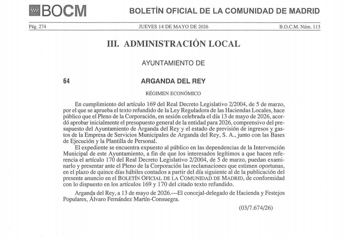 AlbertoEscri's tweet photo. El Boletín Oficial de la Comunidad de Madrid publica la aprobación del Presupuesto General del Ayuntamiento de Arganda del Rey para 2026. https://t.co/JqAlo0H6ho