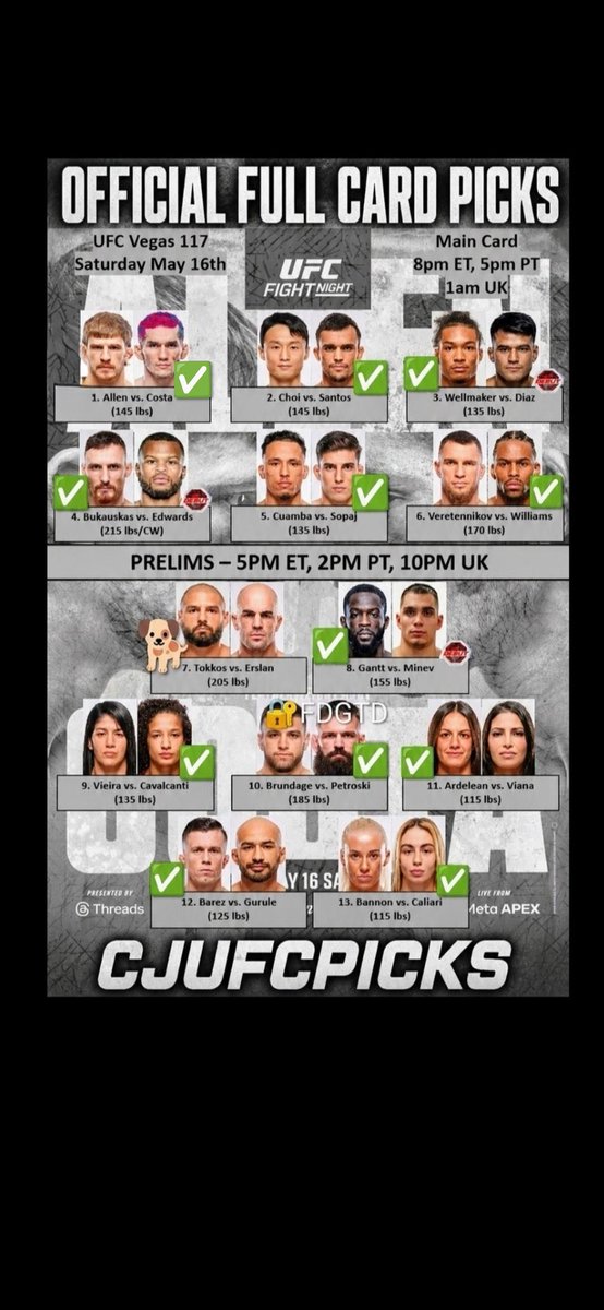CJUFCPicks's tweet photo. My official Full Card Picks for UFC Vegas 117! Lets bounce back and get this money 💰 #MMATwitter #GamblingX #UFCVegas117 #arnoldallen #melkycosta #ufcpicks #ufcpredictions #mma #fight #knockout #fyp https://t.co/T34ZeaPUIp