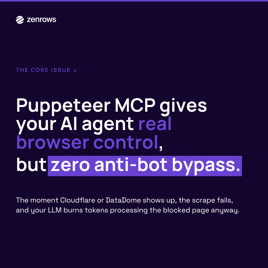 ZenRowsHQ's tweet photo. The official Puppeteer MCP server got archived.

The open-source replacement works great on unprotected pages but hits a 403 on Zillow before a single listing loads. Real browser control with zero anti-bot bypass isn't enough for AI scraping.

Read more ➡️ https://t.co/imfjNwB2Py https://t.co/6aO0ooyFir