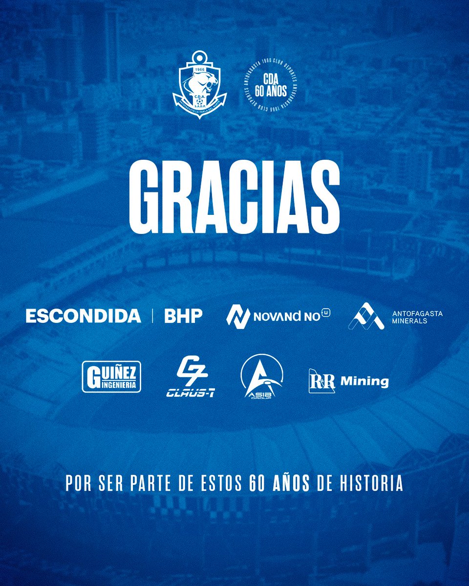 ClubAntofagasta's tweet photo. En nuestro Aniversario N°60, queremos darles las gracias de corazón. 

Son parte fundamental de nuestro presente y socios claves en el gran desafío que tenemos por delante: devolver al Puma al lugar que le pertenece en la Primera División.

#Antofagasta https://t.co/njh3RGZS1X