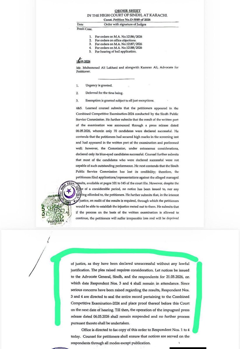 Iqbalanzar's tweet photo. Sindh High Court suspended the controversial #CCE2024 results, stopped all further appointments, summoned the #SPSC Secretary and Controller in person, and ordered answer copies into custody. This decision has revived hope among thousands of students.
#RejectCCE2024Results https://t.co/SKdsylhY86