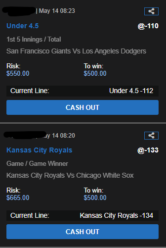 GrindingEddie's tweet photo. Thu May 14

MLB:

Royals -133 (Bubic/Kay)
Cubs +145 (Brown/Sale)
Tigers/Mets U-7.5 -120 (Montero/McLean)
Nationals/Reds F5 U-4 -105 (Griffin/Burns)
Giants/Dodgers F5 U-4.5 -110 (Roupp/Sheehan) https://t.co/eespLCGSGu