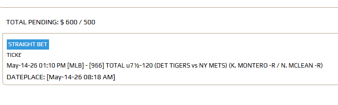 GrindingEddie's tweet photo. Thu May 14

MLB:

Royals -133 (Bubic/Kay)
Cubs +145 (Brown/Sale)
Tigers/Mets U-7.5 -120 (Montero/McLean)
Nationals/Reds F5 U-4 -105 (Griffin/Burns)
Giants/Dodgers F5 U-4.5 -110 (Roupp/Sheehan) https://t.co/eespLCGSGu