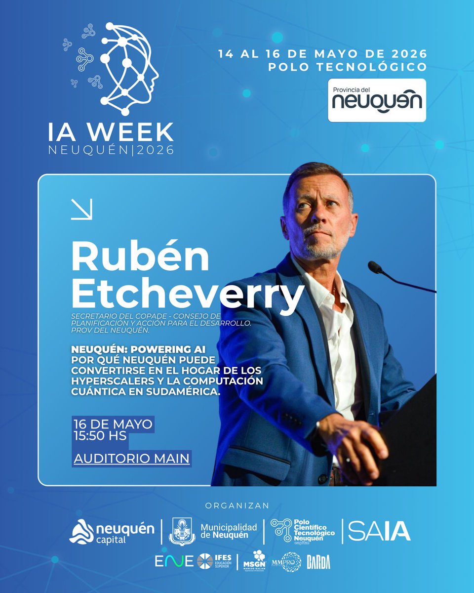 COPADEneuquen's tweet photo. 🤖 El secretario de COPADE, @etcheverry51812 disertará en la IA WEEK 2026. Evento sobre inteligencia artificial, innovación y ciudades inteligentes. Sábado a partir de las 15:50h.
#IAWeek #Neuquén #InteligenciaArtificial #Polo Tecnológico https://t.co/2TM9JdRwIF