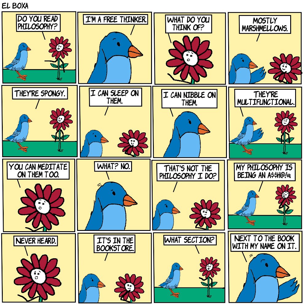 BoxaEl's tweet photo. Special Philosophy
#comics #cartoon #philosophy #birds #flowers #comicstrips #webcomics #ilustration #drawing #humor #funny https://t.co/E84cmDGtQV
