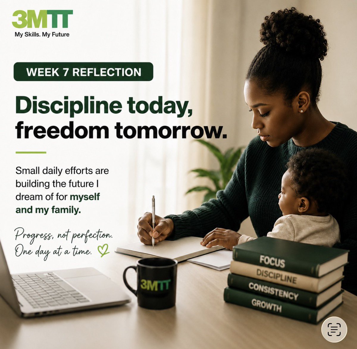 Rhodyuk's tweet photo. #3MTTWeeklyReflection 

I’m learning that discipline means showing up consistently, even on hard days.

Balancing motherhood, responsibilities, and learning isn’t easy, but small daily efforts are paying off. This journey is teaching me patience and confidence.

#My3MTT https://t.co/Haqrf5iW1o