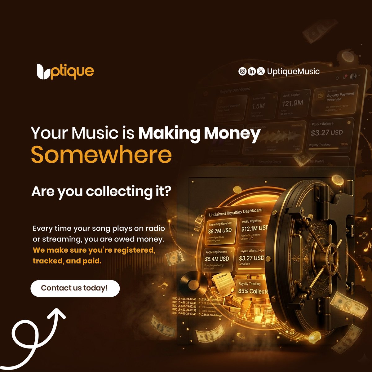 uptiquemusic's tweet photo. Uptique Music handles publishing admin, royalties collection &amp; catalog management for African music creatives.
Send us a mail to access our services 📧 https://t.co/LKPuMp3nIf