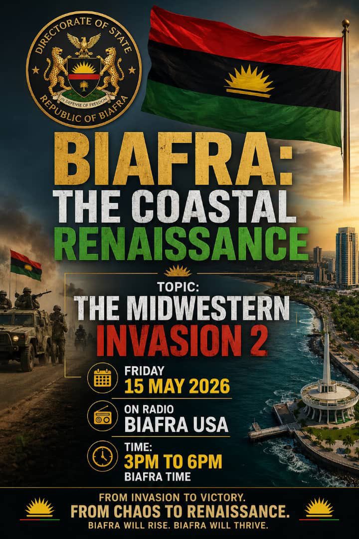 uyi_clement's tweet photo. Join Today’s Biafra: Coastal Renaissance program 14th May (and every Friday) at 3.00pm on #RadioBiafra
We are correcting historical falsehoods and disinformation, and charting a path of unity for the people of the East and the Delta, #OldEasternRegion.
#Urhobo #Beni #Ijaw #Efik #Kalabari #Ogoni #Obudu #Igbo #Esan #Ika #Igbanke #Akasa #Nembe #Ejagham #Yakurr
Let us now deconstruct and demystify the DIVIDE & RULE antics of our common enemies and forge a secure future for ourselves and our generations yet unborn.
You can participate via FM 102.1 or download the Radio Biafra app or IPOB Community Radio App from Google play store or IOS app store.
#FreeBiafra
#TotalLockDownMay30Th
#WeRememberBiafranHeroes