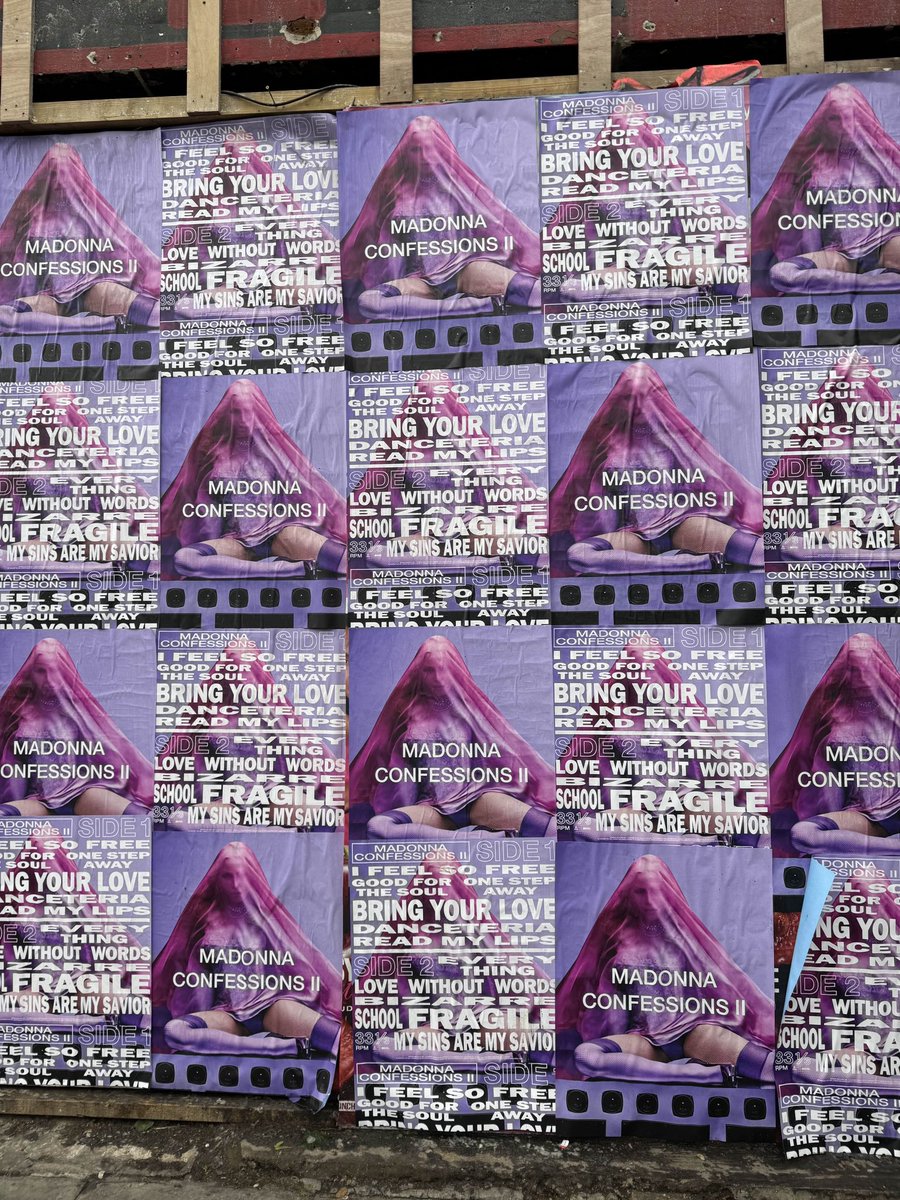 MuuMuse's tweet photo. Posters reveal the song titles on the 12-track version of Madonna’s ‘Confessions II.’

Photos courtesy of @MdudeCY24, our very own Legends Only boots on the ground who spotted them first in person at Notting Hill in London. 🪩 https://t.co/M80KZAbJuo