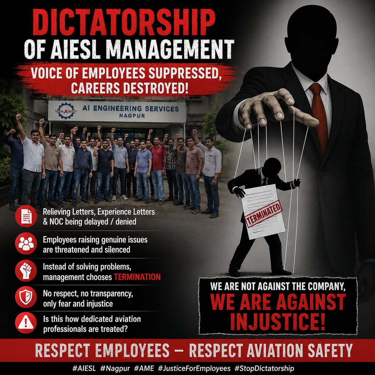 MAG4AME's tweet photo. MAG stands in complete solidarity with the affected employees of AIESL Nagpur and assures them that we will continue to raise voice against injustice, intimidation and unfair labour practices.
We demand:-
•Immediate withdrawal of all termination orders issued against the... 1/3 https://t.co/5fydqGpvCH