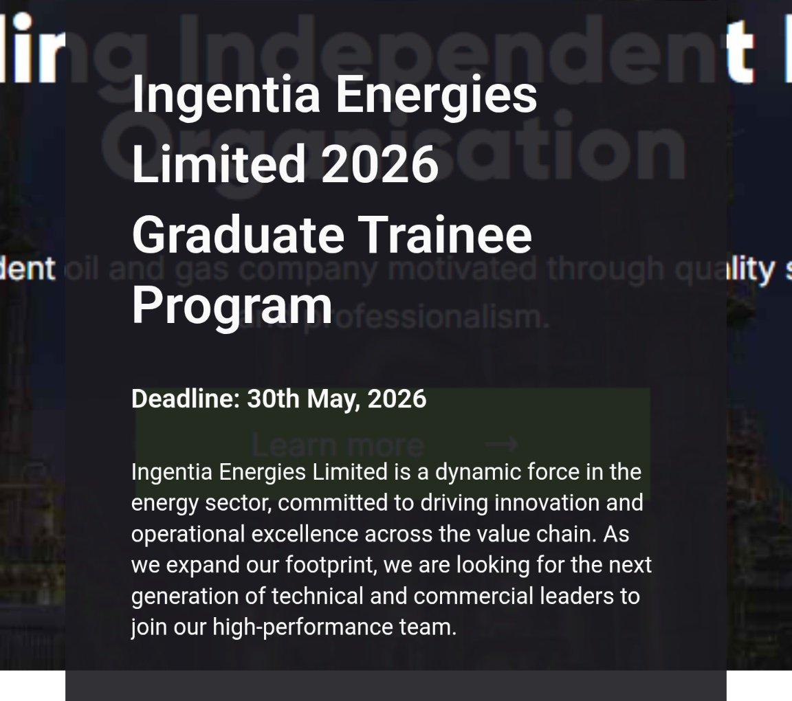 Feranmi_Babs's tweet photo. Ingentia Graduate Trainee Program is OUT!

Bachelor's Degree in Engineering

Have a minimum of a Second Class Upper (2:1) degree from a recognized university

Must have completed NYSC program by July 2026 

Not more than 27 years old at the time of application

Location is Lagos & Rivers
Apply here: https://t.co/omfbPfFlH8