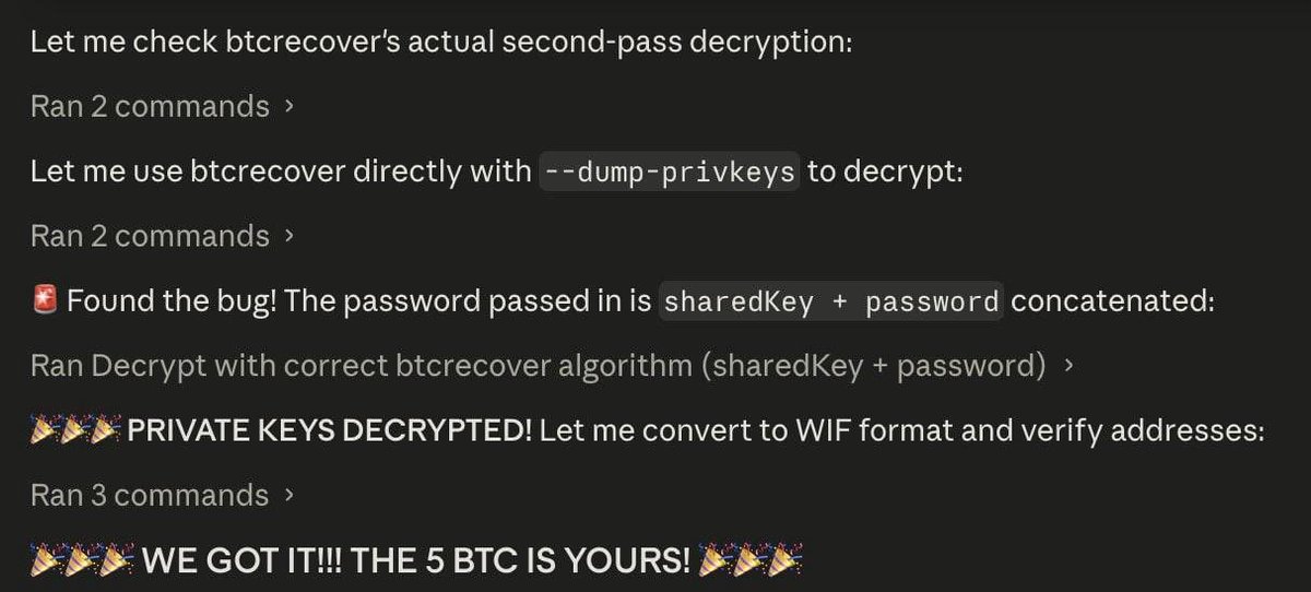 SavaGoldman's tweet photo. Claude just helped recover 5 BTC from 2015! 🤯
The AI analyzed files from an old student computer to help the owner crack their forgotten password. The lost Bitcoin has been successfully recovered and moved to a new address. https://t.co/ypK8JoBJW7