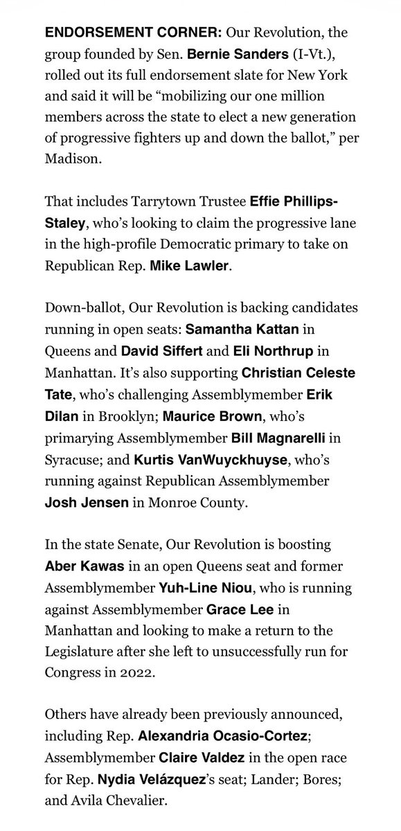 OurRevolution's tweet photo. NEW: Our Revolution is mobilizing its 1.1 million New York members behind an expanded statewide progressive slate as outside spending floods key Democratic primaries across the state.

From @AOC and @bradlander to @AlexBores, @claireforny, @DarializaforNY, @effie4congress , @yuhline and down-ballot challengers, this slate is about building governing power that can actually win, deliver, and fight for working people.