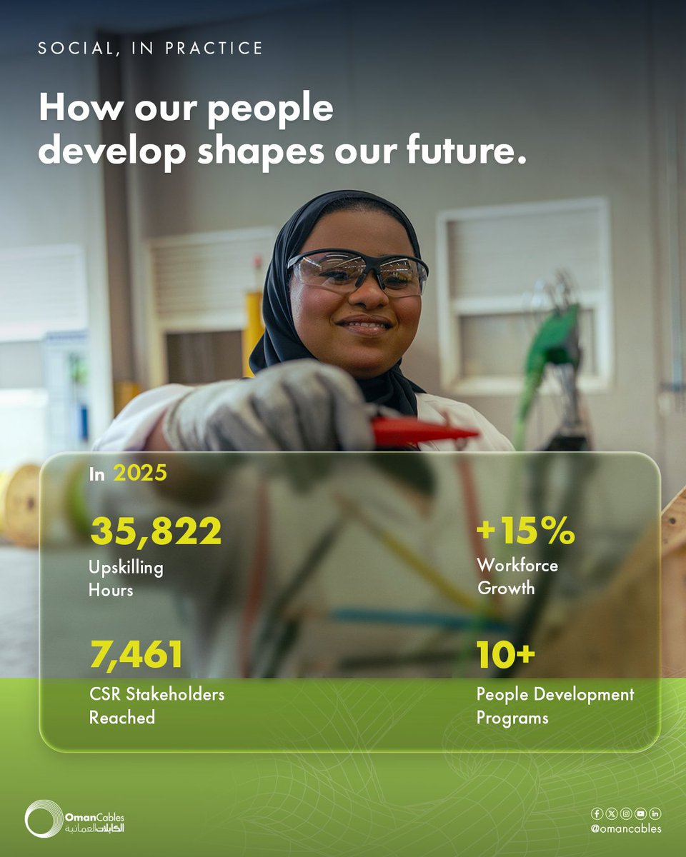 OmanCables's tweet photo. At Oman Cables, people empowerment remains one of our core values and key drivers of sustainable progress. Through more than 10 development programs launched annually, we continue to upskill local calibers and communities through skills development, STEM initiatives, academic partnerships, and international assignments, all designed to support the growth of Omani industrial calibers and contribute to the national vision for economic diversification and people development.

As Oman Sustainability Week #OSW 2026 next week brings sustainability to the forefront of industry conversations, the importance of people, communities, and long-term capability remains essential to building resilient and sustainable progress.

Read more in our 2025 Sustainability Report: https://t.co/IVaoRG70Xc

#OmanCables #ESG #TrulyOmani #TrustedGlobally

في شركة صناعة الكابلات العُمانية، يُعد تمكين الأفراد أحد قيمنا الأساسية والمحركات الرئيسية لتحقيق التقدّم المستدام. ومن خلال إطلاق أكثر من 10 برامج تطويرية سنويًا، نواصل تطوير الكفاءات المحلية والمجتمعات عبر برامج تنمية المهارات، ومبادرات STEM، والشراكات الأكاديمية، والبرامج والمهام الدولية، والتي صُممت جميعها لدعم نمو الكفاءات الصناعية العُمانية والمساهمة في تحقيق الرؤية الوطنية للتنويع الاقتصادي وتنمية الإنسان.

ومع تسليط أسبوع عُمان للاستدامة #OSW الضوء على أهمية الاستدامة في مختلف القطاعات، تظل أهمية الأفراد والمجتمعات وبناء القدرات على المدى الطويل عنصرًا أساسيًا في تحقيق تقدّم مستدام وفعّال.

يمكنكم الاطلاع على المزيد في تقرير الاستدامة 2025: https://t.co/YWExMY3D5i

#الكابلات_العُمانية
#عُمانية_الأصل_عالمية_الثقة