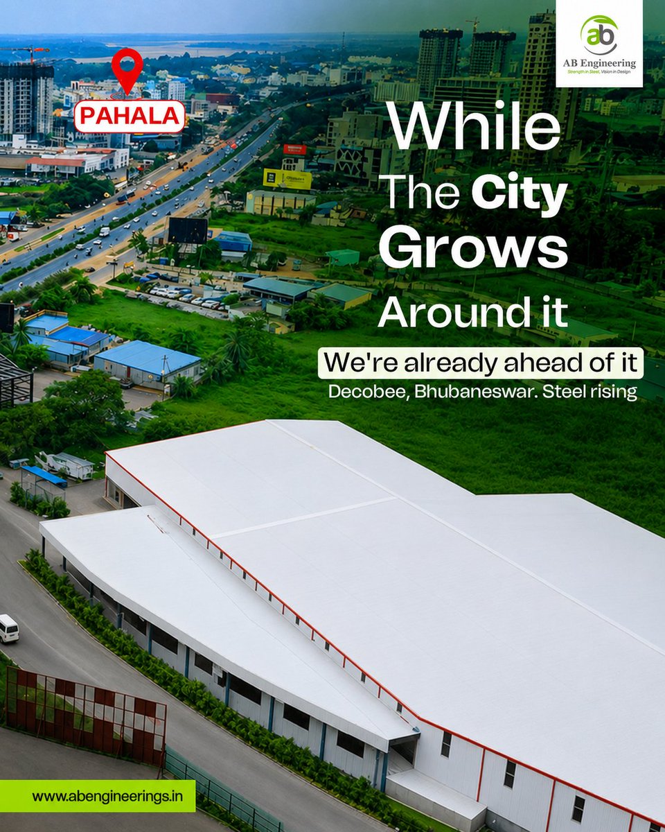 Abengineering17's tweet photo. Bhubaneswar is building fast and at Pahala, another #PEBsteelstructure is rising.
This is Decobee by AB Engineering.
Columns planted. Rafters locked, and the white-roof structure behind it? 
Built by us too.Repeat trust is the strongest review.
#ABEngineering #PEBConstruction https://t.co/X1JZkktx8N