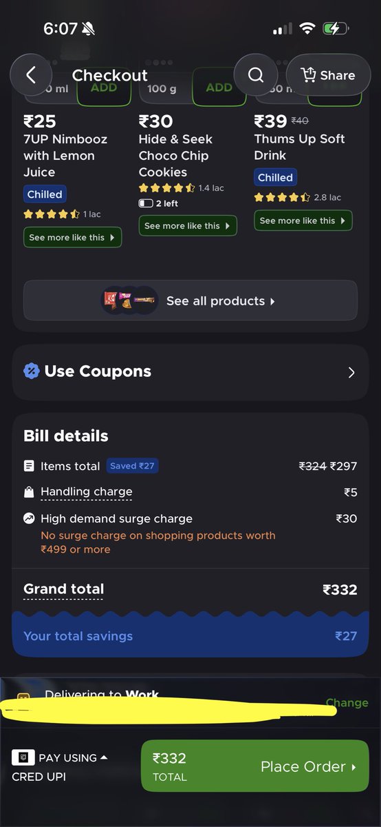 ForCleaning2024's tweet photo. @letsblinkit what kind of loot is this? We are already buying things from you and you’re still charging high demand surge charge? While opening blink it you had no idea about this scenario that now you’re charging us? Do we go to Kirana store and pay them there dukan ka rent? https://t.co/LhVjCBGvbc