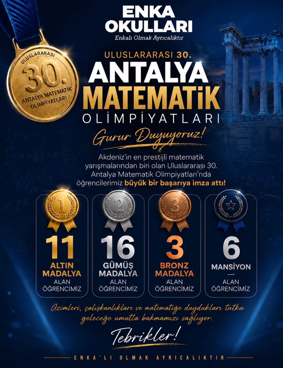 EnkaATL's tweet photo. Antalya Matematik Olimpiyatları’nda ENKA’dan büyük başarı! 🧮🏅
30. Uluslararası Antalya Matematik Olimpiyatları’nda öğrencilerimiz 36 madalya kazanarak önemli bir başarıya imza attı.
Emeği geçen öğrencilerimizi, öğretmenlerimizi ve ailelerini tebrik ediyoruz. https://t.co/3nYoLlehqS