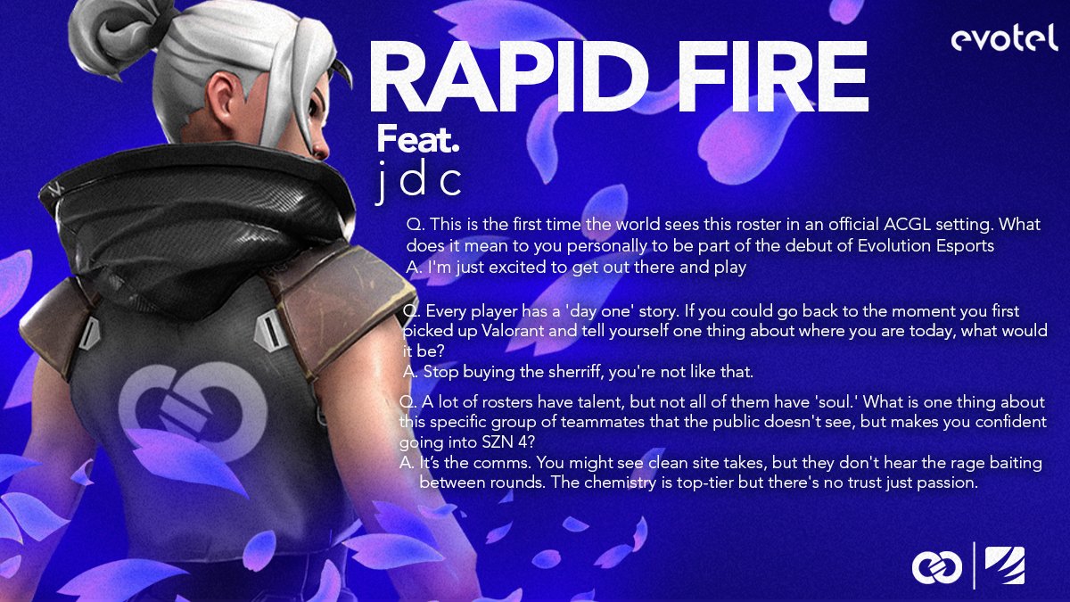 EvolutionRSA's tweet photo. It's Rapid Fire time again, and we got some insight from @jdcval  for you, here is what he has to say about #ACGLSZN4 .
(hosted by : @AfricanGaming )   

We still celebrate our last victory, but it has been back to the grind and prep for our next match. 

We'll see you on the 16th🧑‍🍳🐼
________________________  
Powered by :
@EvotelZ 
________________________
 #EVOGG #EvolutionEsports #Valorant #ValorantEsports #GamingCommunity #evotel #CompetitiveTeam #EsportsTeam #ZAesports #RiotGames #FibreConnected #evotelesports #ACGLSZN4 #ACGL #VALZA _______________________   
While we have permission to use these graphics, Evolution Esports is not a sponsored partner of ACGL.