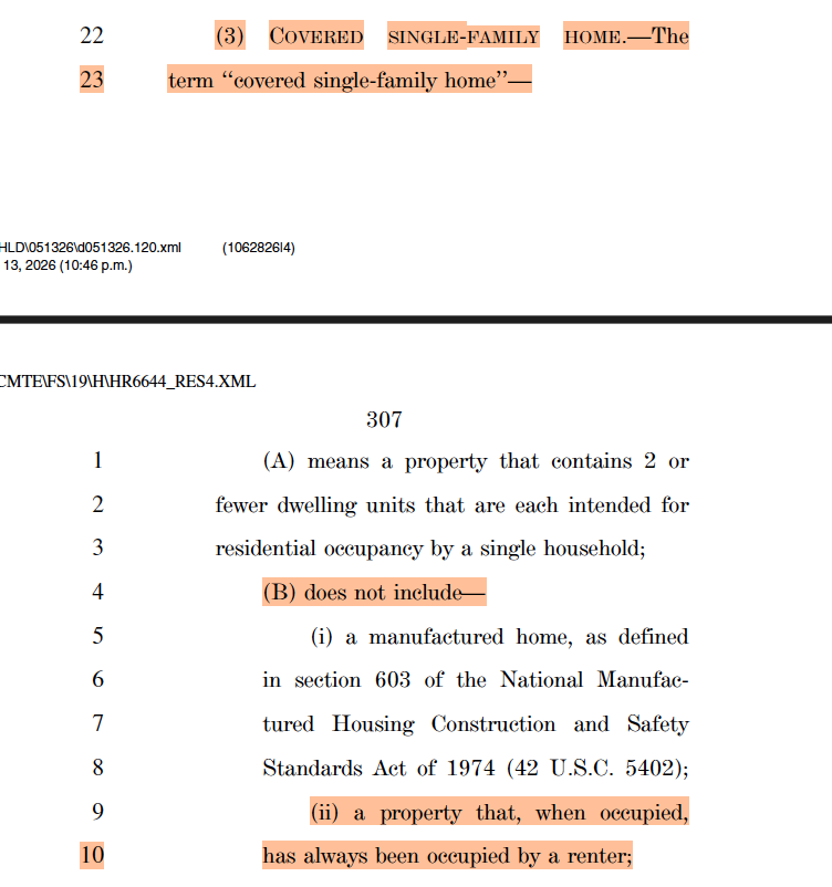 FrontFootSFR's tweet photo. Huge win last night. 

Did you also see the language on Covered Single Family Homes - does NOT include "a property that, when occupied, has always been occupied by a renter;"

Very vague but maybe allows for transfers of rental homes that have been rentals for years or since ownership.