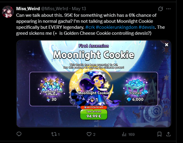 Miss_We1rd's tweet photo. It's so stupid, 95 euros or get her from a random draw. AND ALSO!! how the hell does a copy of Moonlight Cookie cost more then 255 pieces of soulstones and 30 soulprisms of an Ancient cookie? HELLO? https://t.co/GCXAwgcmko