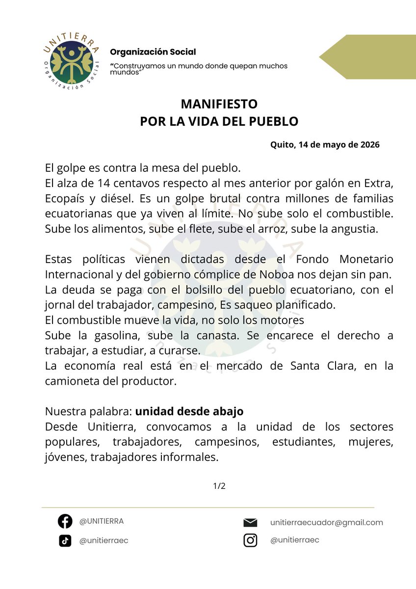 Unitierraec's tweet photo. 📍#Manifiesto | Por la vida del Pueblo...

Unitierra, organización social, nuestra palabra es: UNIDAD...
#Gasolinazo #Ecuador https://t.co/h0uZD00sdP
