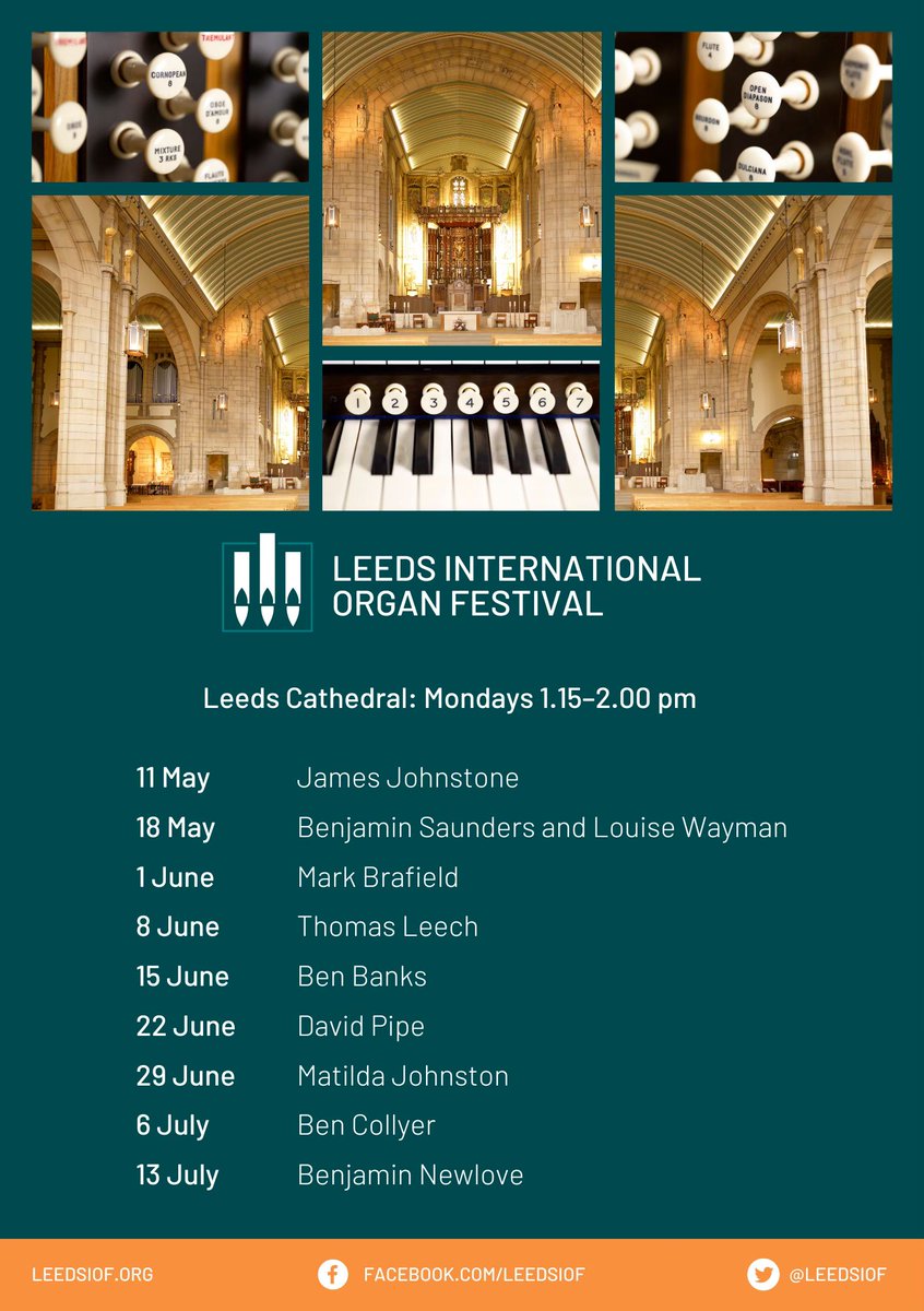 LeedsIOF's tweet photo. 📣This summers' LIOF recitals are now underway!
📍Leeds Cathedral
🕑 1.15pm Mondays
🎟️ Admission free!
Enjoy the fabulous sounds of our famous pipe organ in one of Leeds' most beautiful buildings.
Next up - the brilliant Benjamin Saunders with soprano Louise Wayman. https://t.co/NevF9KX0yN