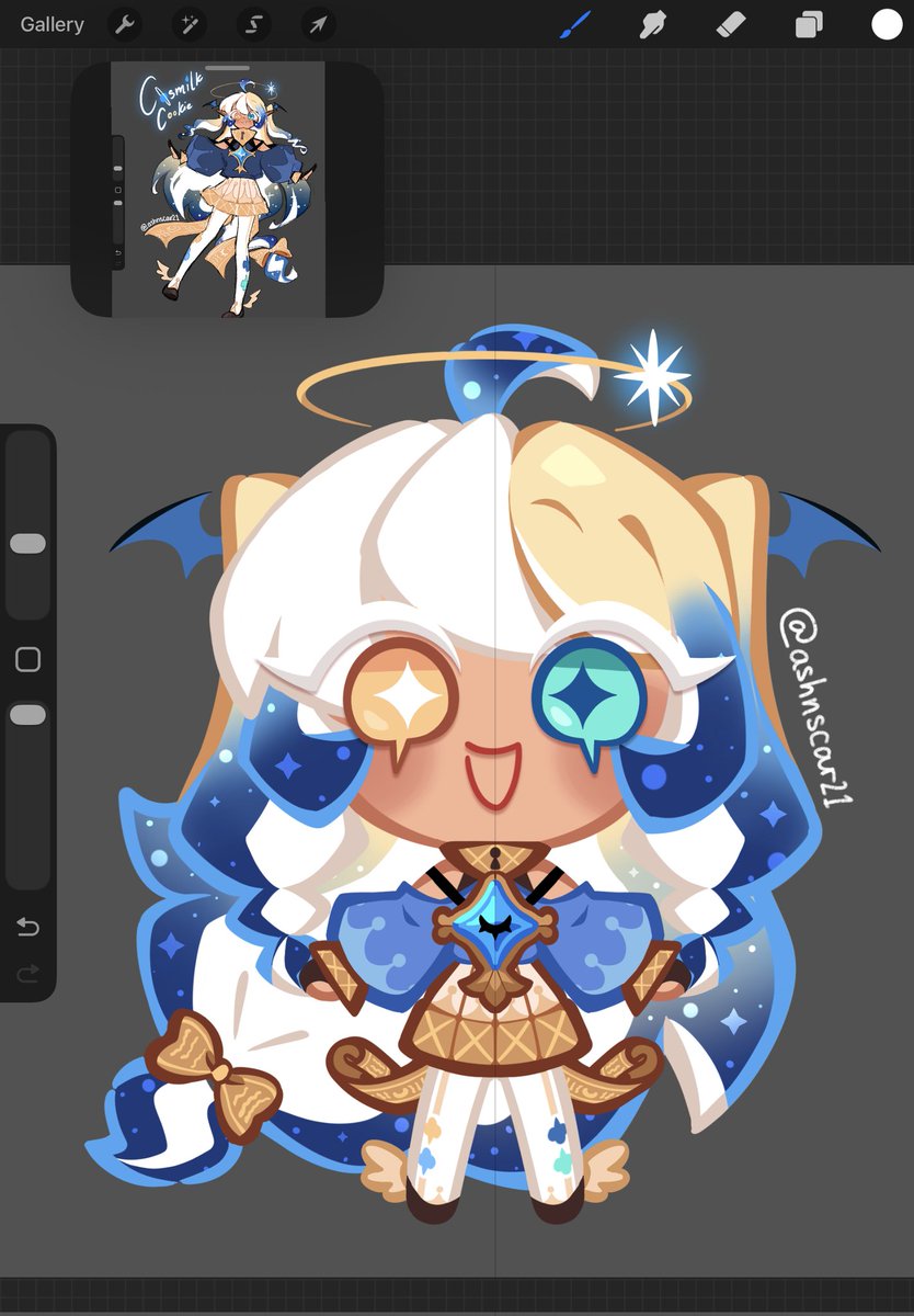 AshnScar21's tweet photo. Ok so.. I wasn't initially planning to make a sdvn fankid, but I finally found some good lore for her so...

Meet Cosmilk Cookie! (Human &amp; Cookie forms!)

#shadowvanilla #pureshadow #fankid #cookierunkingdomoc #cookierunkingdom https://t.co/S1xPF7em8A