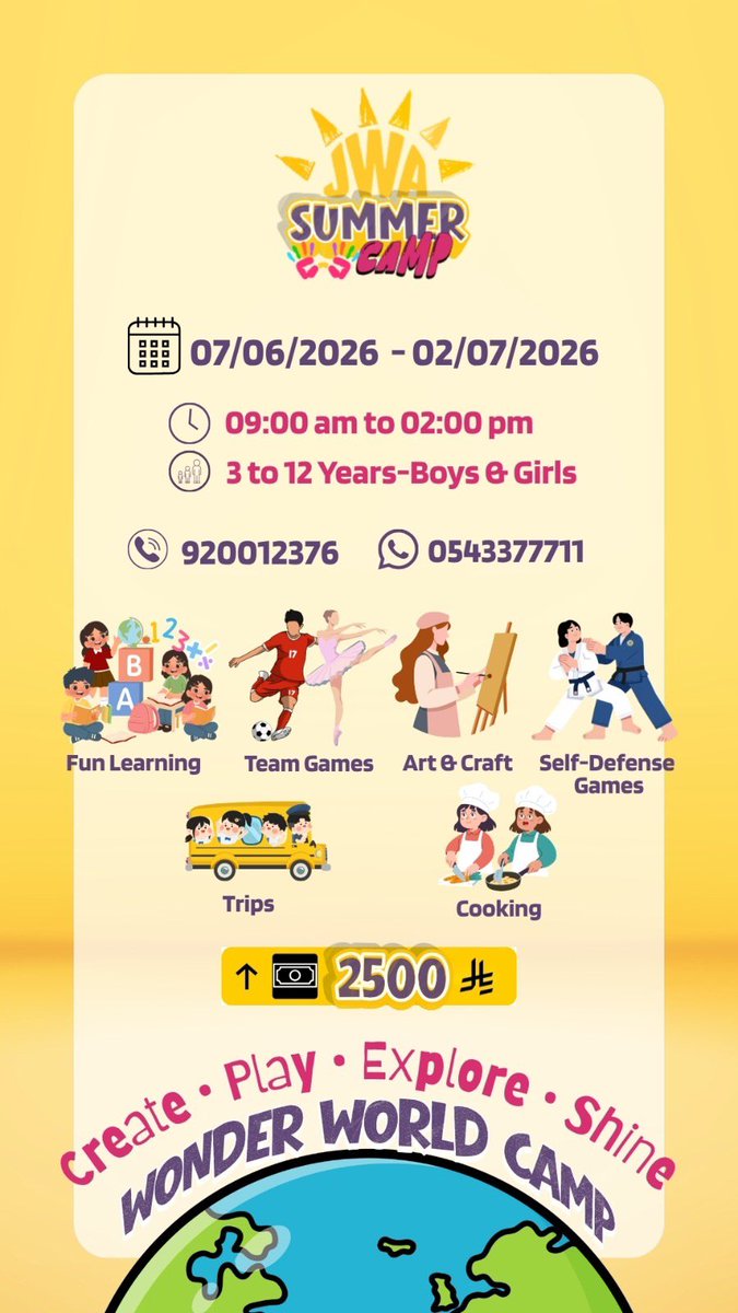 jeddah_world's tweet photo. ☀️ مخيم أكاديمية عالم جدة الصيفي 2026 ✨

أنشطة ممتعة، إبداع، وتعلّم في أجواء مليئة بالحماس للأطفال 🤍

👧🏻👦🏻 3–12 سنة
📅 07/06 – 02/07
⏰ 9AM – 2PM

📞 920012376
📱 واتساب: 0543377711

#JWASummerCamp #مخيم_صيفي #فعاليات_جدة #JWA #ExplorePage https://t.co/8adTcqDrfw