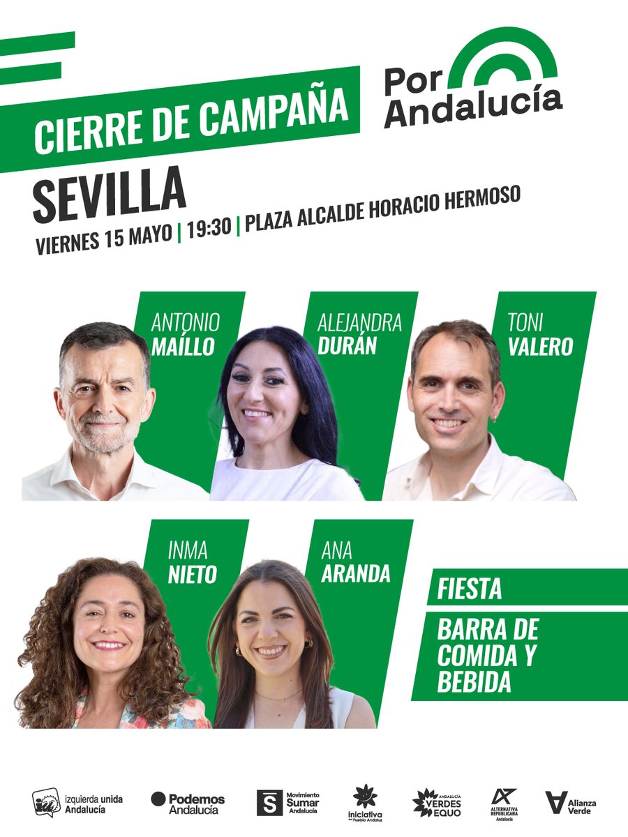PorAndaluciaOrg's tweet photo. ¡Sevilla, vamos a hacer historia! Mañana ponemos el broche de oro a una campaña llena de fuerza e ilusión.

Vamos a llenar la Plaza Alcalde Horacio Hermoso.

📅 Viernes, 15 de mayo
🕖 19:30h

¡Nos vemos en el cierre!

https://t.co/9VWMXO0xw8 https://t.co/I4aRKX7LdV