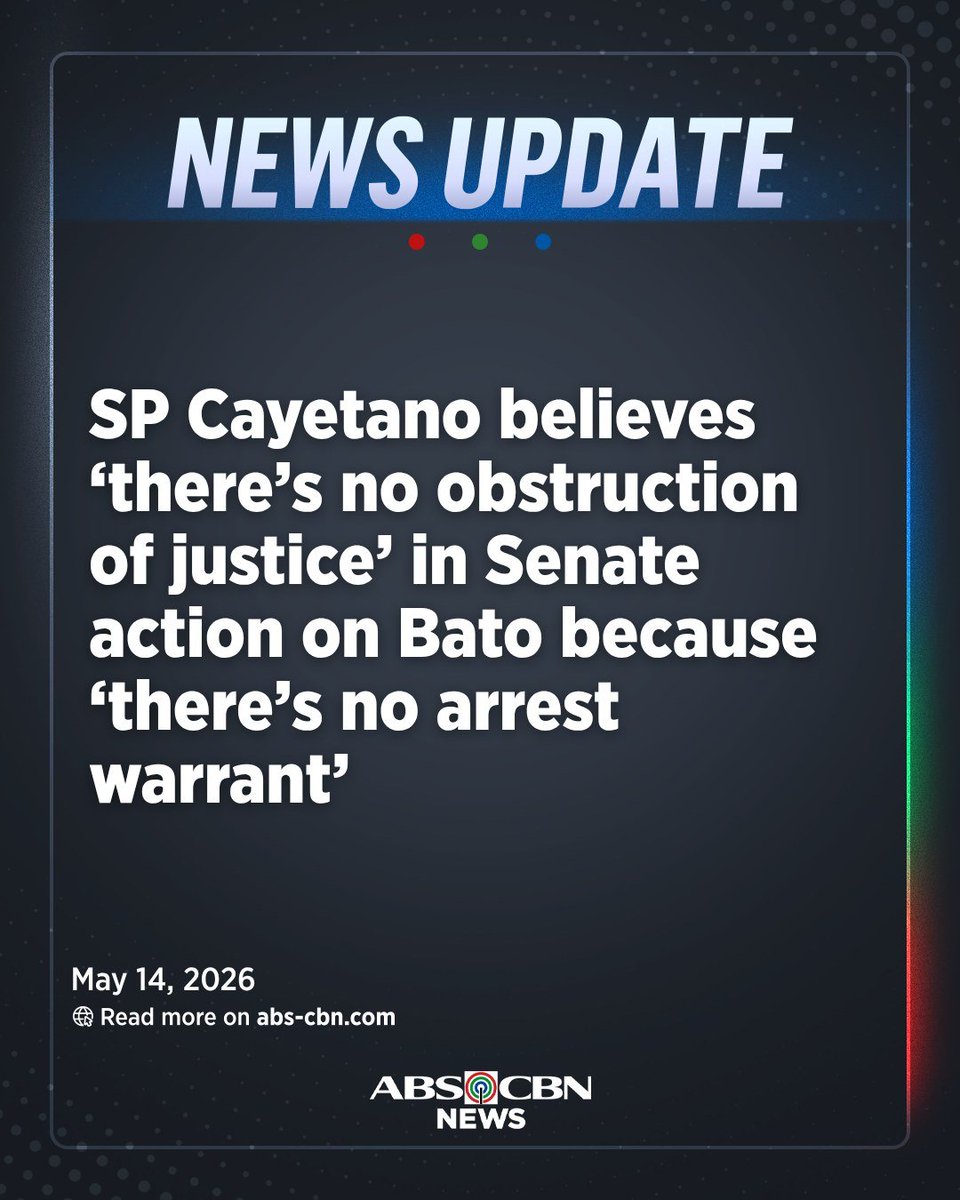 ABSCBNNews's tweet photo. Senate President Alan Peter Cayetano believes "there's no obstruction of justice" in the Senate's action on Senator Ronald dela Rosa because "there's no arrest warrant." https://t.co/NzY0VZ5zJp