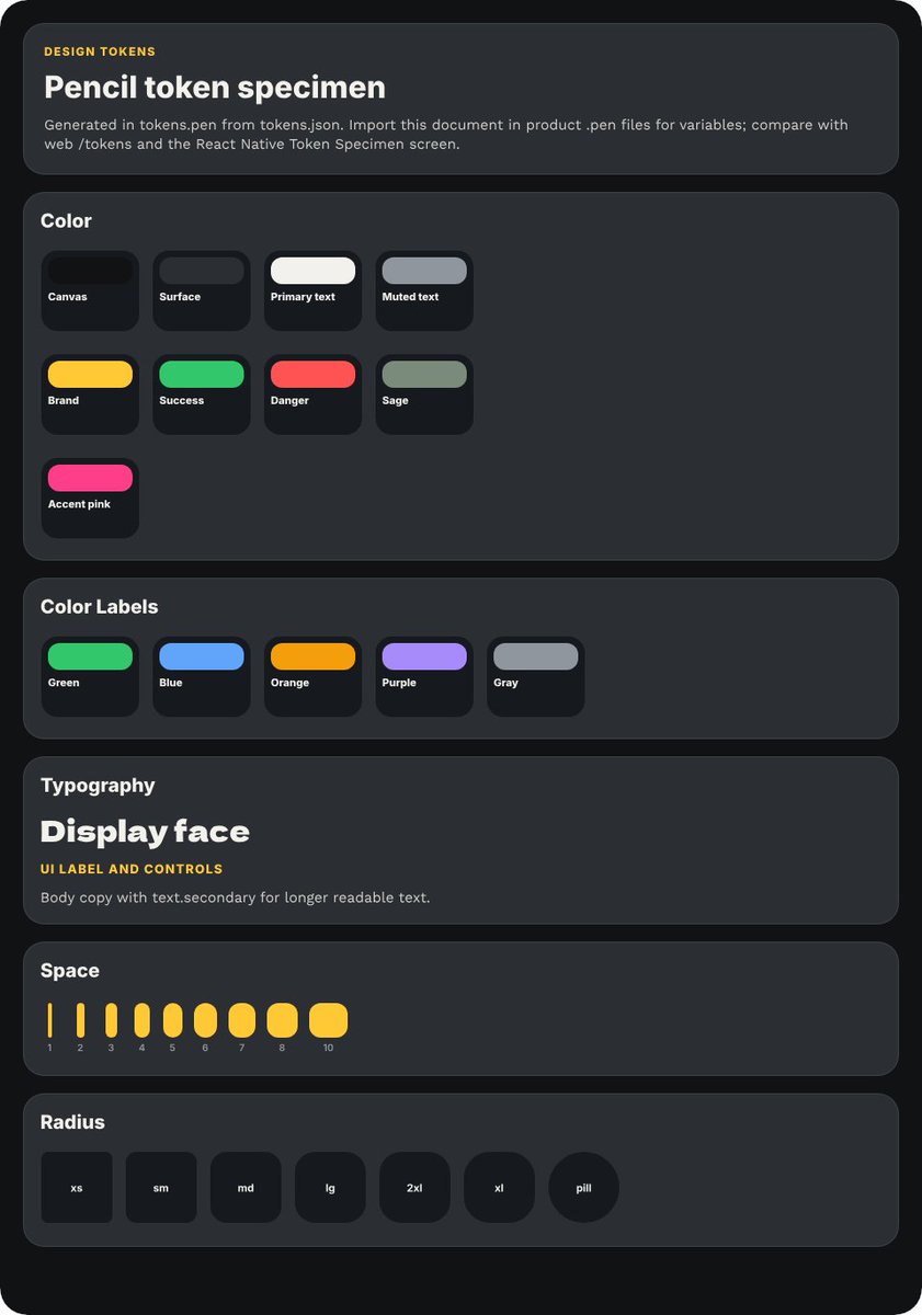 Stoff81's tweet photo. Having taste is important for me, so I've been spending the week investing in some proper design tool. I've built up a design token library which exports to CSS, React Native and also a https://t.co/dzt1nkjoOE file. 

The library exports to all these formats so I can ensure Web/iOS and Mockups never drift.

Next up will be syncing the primitives to a proper design system.