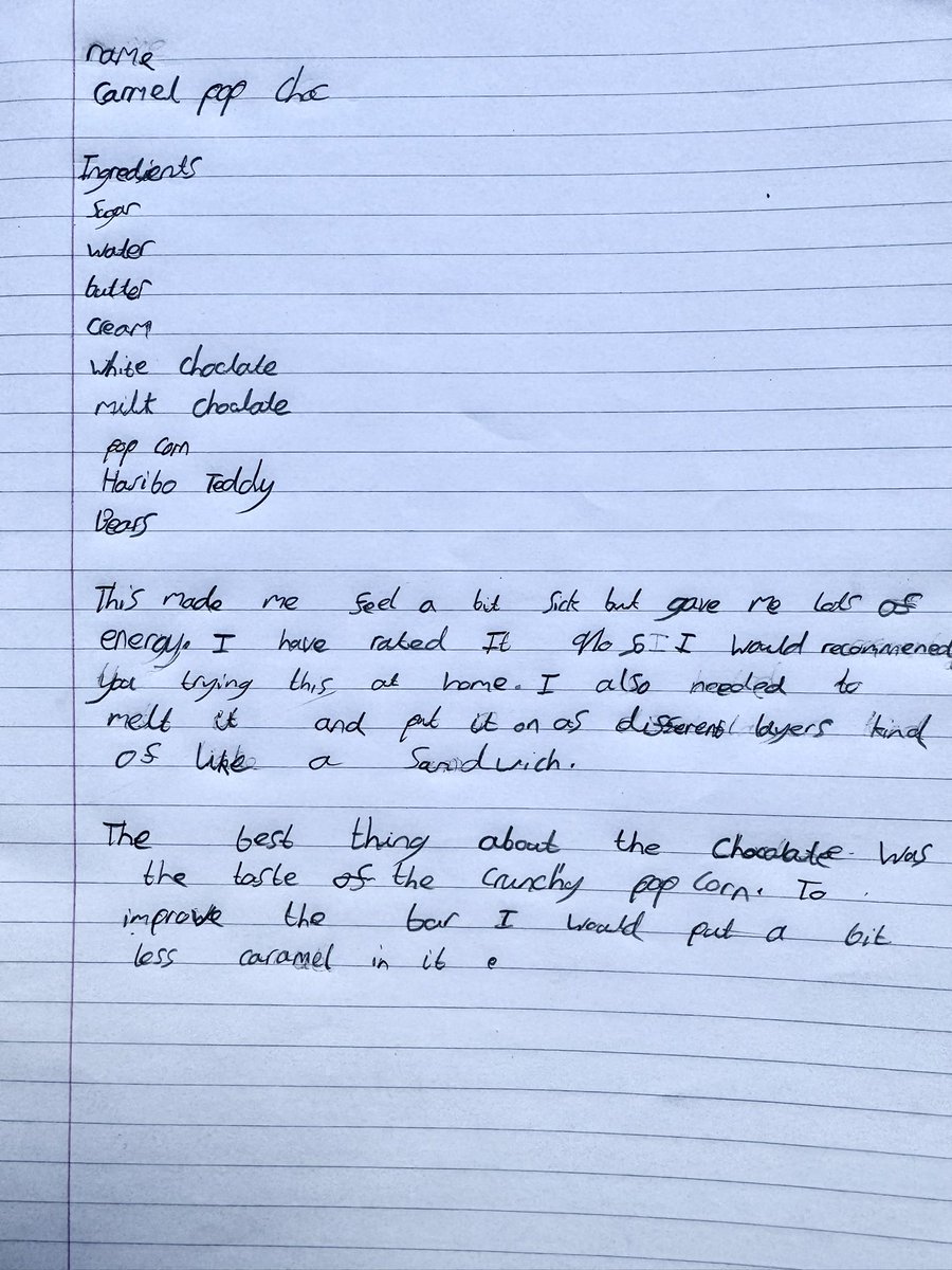 Toolers81's tweet photo. G in Y3 invented a ‘Caramel Pop Choc’ to add to the Wonka range🍫 He made a prototype and reviewed it after a taste test. Little brother C took a keen interest in this homework 😋@ourladyoflourd1 #OLOLHomeworkChallenges #OLOLWriting https://t.co/diYVcr3WWZ