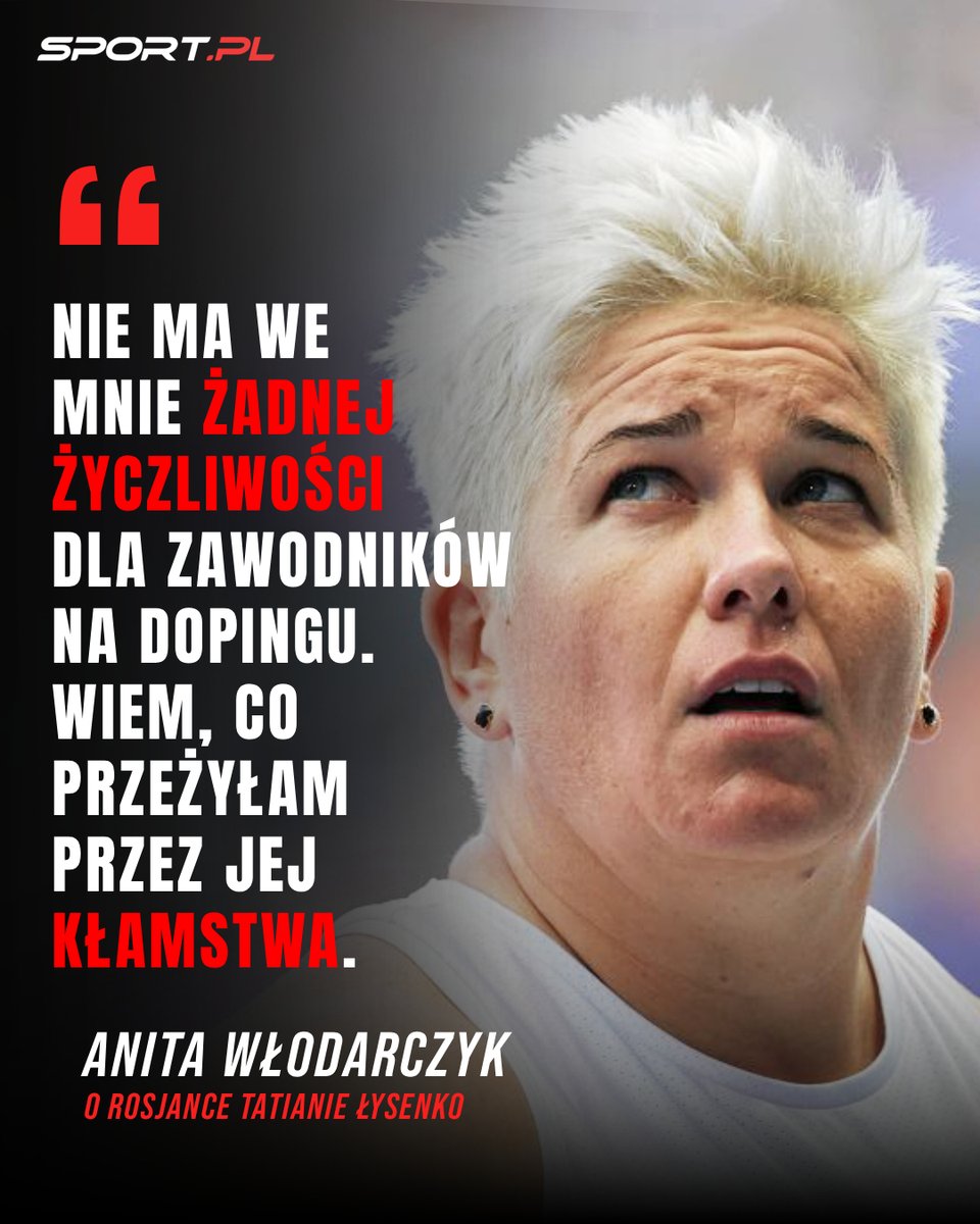 sportpl's tweet photo. Czy Anita Włodarczyk podałaby rękę Tatianie Łysenko, swego czasu największej rywalce?

- Nie. Miałyśmy niezły kontakt, gdy rywalizowałyśmy, ale nie ma we mnie żadnej życzliwości dla zawodników, którzy stosowali doping. 

I nie ma we mnie dla nich żadnego przebaczenia. Wiem, co przeżyłam przez jej kłamstwa. Pewnych rzeczy nie da się cofnąć. Nie ma taryfy ulgowej wobec kogoś, przez kogo dopiero po latach dostałam należne mi złote medale z igrzysk olimpijskich Londyn 2012 i z mistrzostw świata w Moskwie w 2013 roku.

🔴W obszernej rozmowie z @LukaszJachimiak nasza trzykrotna mistrzyni olimpijska wraca do największych sukcesów, opowiada o Rosji i innych trudnych tematach. A także o tym, co jeszcze przed nią.

Link do całego materiału w kom 👇

Przeczytacie go w ramach subskrypcji Sport.pl+. Obecnie trwa promocja dla nowych klientów! Tylko 1 zł za miesiąc przez pół roku (płatność 6 zł z góry za 6 miesięcy, a potem 9,90 co 4 tygodnie) 💪
