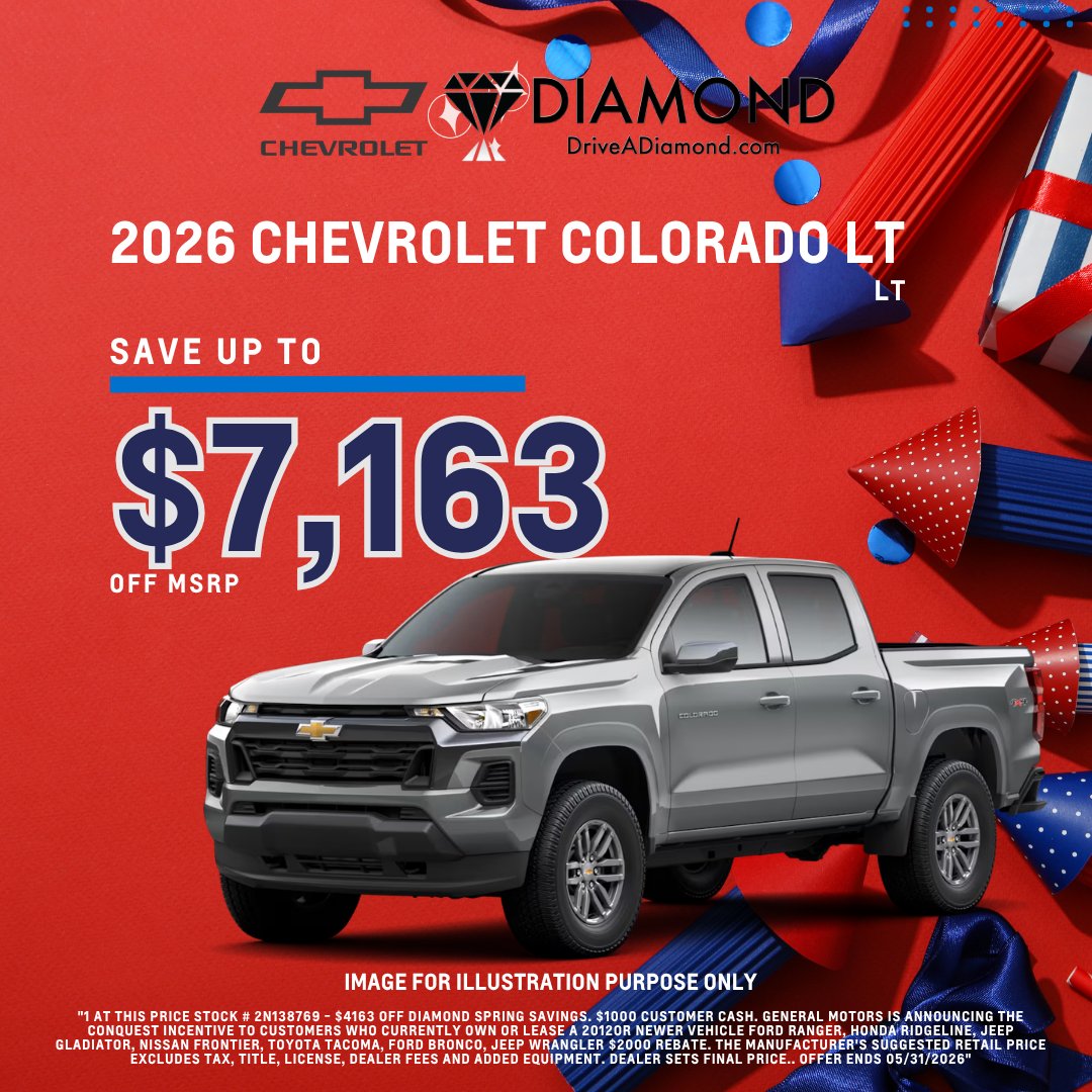 DiamondChevySB's tweet photo. Need a midsize truck ready to work? 💪 Truck Feature: 2026 Chevrolet Colorado LT at $34,977 Diamond Spring Sales Event price, save up to $7,163 🚙✨ #ChevyColorado #TruckLife #Chevrolet

Shop For Yours at 👉 https://t.co/0uLihF0efk https://t.co/wvRga3zY9X