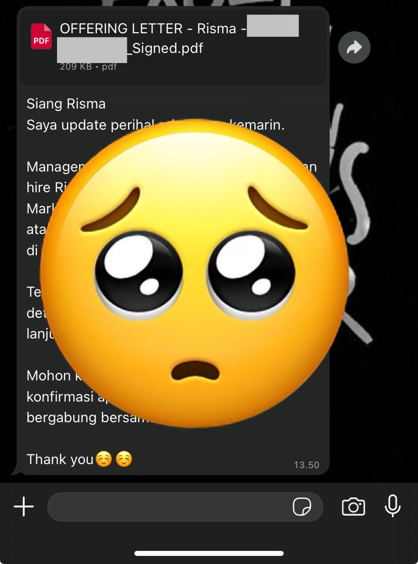 ris_osh's tweet photo. ALHAMDULILLAH UDAH DAPET KERJAAN BARU HUUEEEEE 😭😭😭😭 gaji jg lebih oke ini dari kantor lama 😭 besok senin masuk anjaaay 😭🤟 https://t.co/jOLThaqVFO