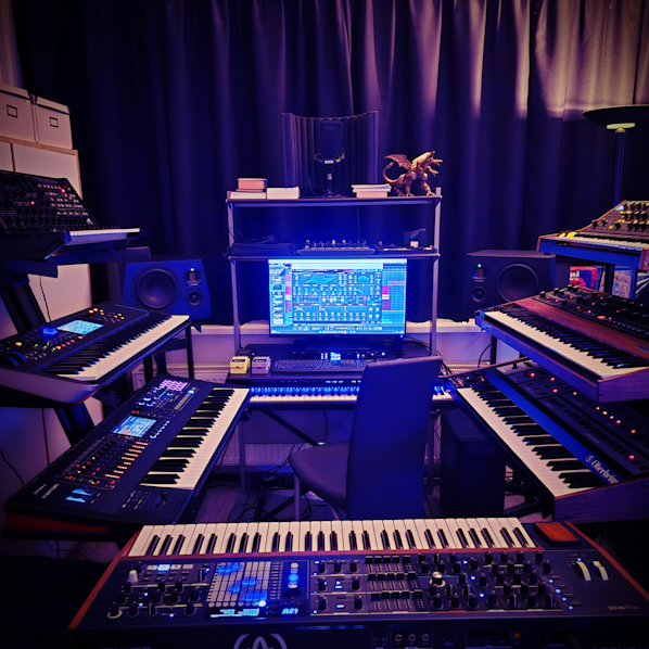 BartvanZon's tweet photo. Music studio setup photo 2025. Already a bit outdated, but this is what I work with these days. https://t.co/1M3jmgY6Nl