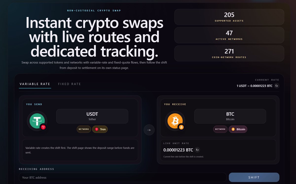 zyroshift's tweet photo. A crypto swap is not just "from token A to token B."

The network matters too.

ZyroShift makes the route explicit: USDT on Tron -> BTC on Bitcoin, with live rates, fixed/variable modes, and shift tracking from deposit to settlement.

https://t.co/CCjCuXNjFI https://t.co/8Urlc75yjj
