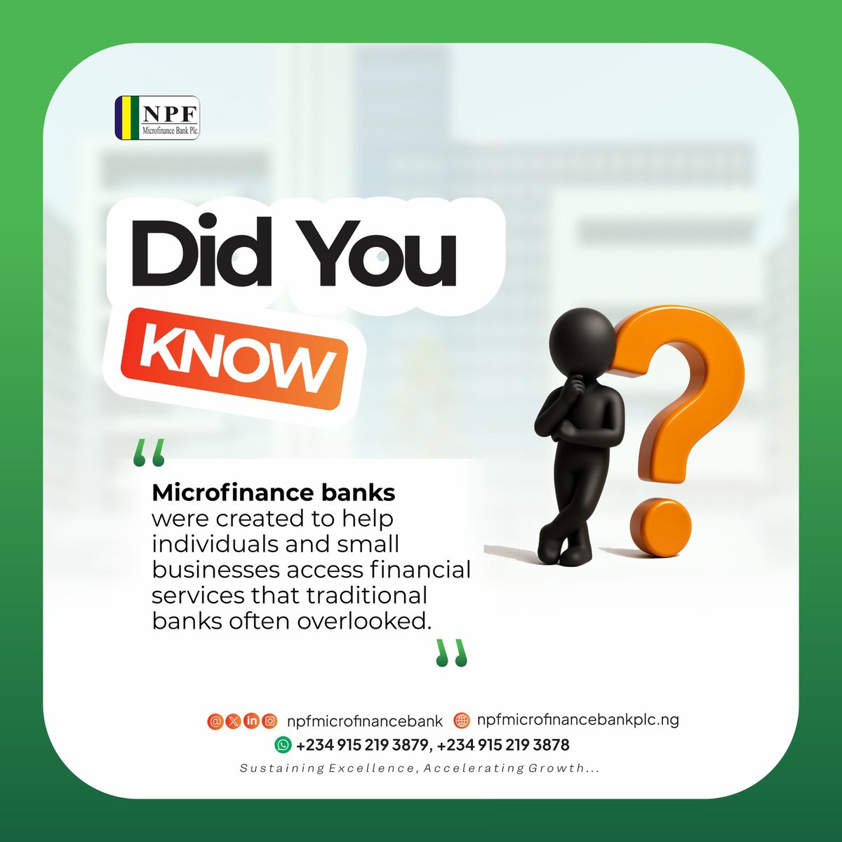 npfmfb's tweet photo. At NPF Microfinance Bank Plc, we continue to support entrepreneurs, empower communities, and drive sustainable growth through innovative financial solutions.
#FinancialInclusion  #BusinessDevelopment #SMEGrowth #BankingSolutions #NPFMFB https://t.co/7ENdbF1JWf