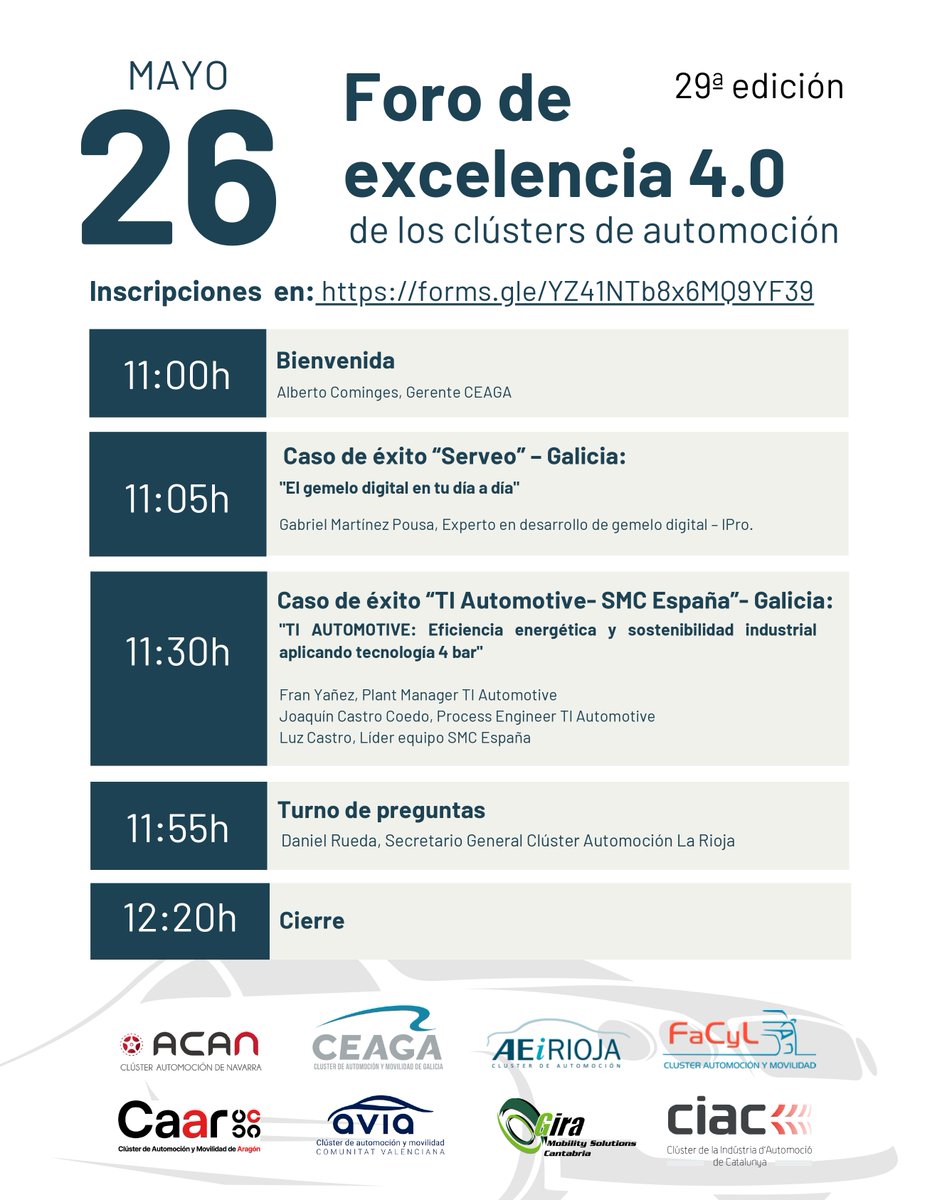 CEAGA's tweet photo. 🚗El 26/5 celebramos el Foro de Excelencia 4.0 de los clusters de automoción, una jornada donde Galicia será la protagonista con casos de éxito de dos empresas miembro de CEAGA: Gemelo digital aplicado a procesos industriales en Serveo y Eficiencia energética en TI Fluid Systems https://t.co/wnbpUqNpGn