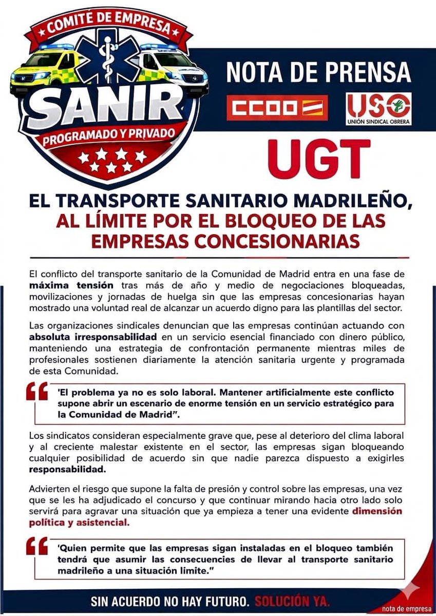 Joyfer112's tweet photo. 🚑 El transporte sanitario madrileño sigue al límite tras meses de bloqueo y conflicto.
Los trabajadores exigen una solución urgente.

#TransporteSanitario #Sanidad #Madrid #UGT #CCOO #USO #Ambulancias #Huelga #NotaDePrensa https://t.co/hrtU6Mof7o