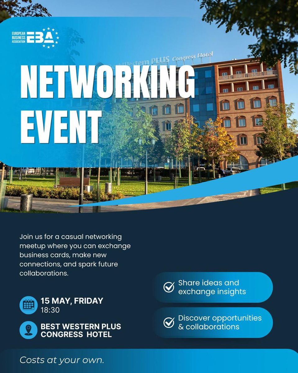 EBA_Armenia's tweet photo. Join us for a casual networking meetup, offering an excellent opportunity to build new connections and explore potential future collaborations.🤝 
• Location: @CongressHotel4 
• Time: May 15, Friday | 18:30 https://t.co/efdNgpw6NJ