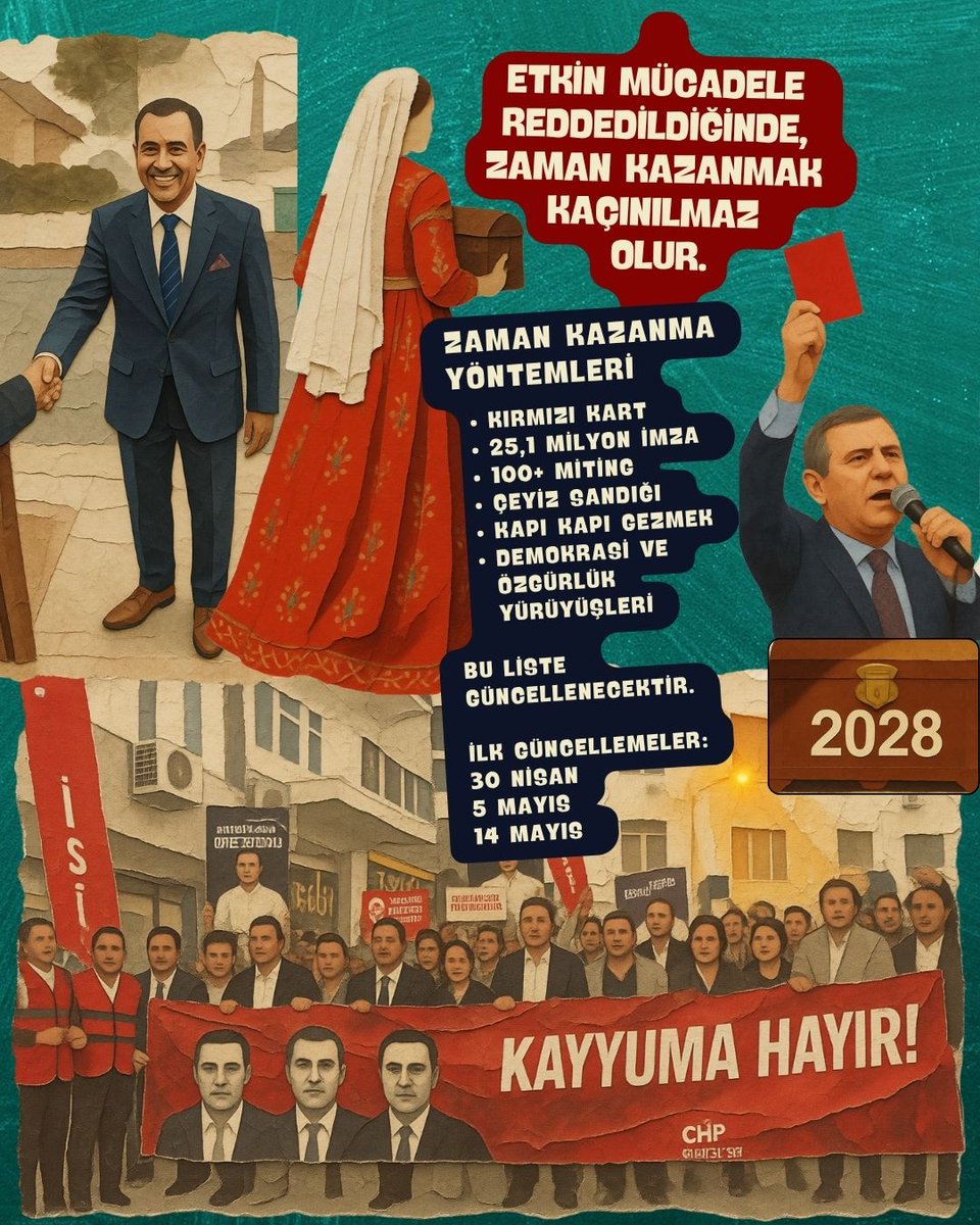 PoliTeknik_INT's tweet photo. ETKİN MÜCADELE REDDEDİLDİĞİNDE,  ZAMAN KAZANMAK KAÇINILMAZ  OLUR.

Zaman kazanma
yöntemleri: 
- KIRMIZI KART 
- 25,1 Milyon imza 
- 100+ MİTİNG
- ÇEYİZ SANDIĞI 
- KAPI KAPI GEZMEK
- Demokrasi ve Özgürlük Yürüyüşleri

Bu liste
GÜNCELLENECEKTİR. İLK GÜNCELLEMELER
30.04
05.05
14.05 https://t.co/ocFAUKgXSS