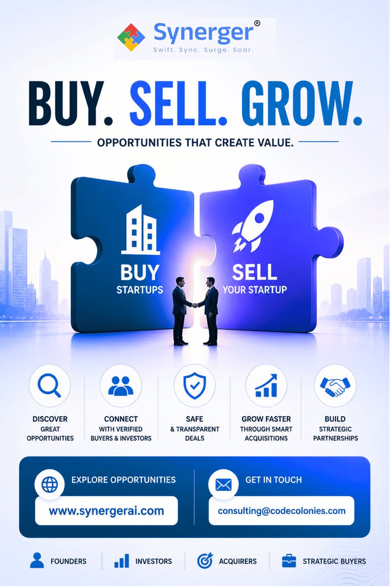 codecolonies's tweet photo. Whether you want to buy startups, get acquired, connect with strategic buyers, or explore partnerships, Synerger helps bring serious opportunities together in one platform.

📩 consulting@codecolonies.com

#Startups #Acquisition #SaaS #Founders #BusinessGrowth #Synerger https://t.co/6bNWyXq0Bj