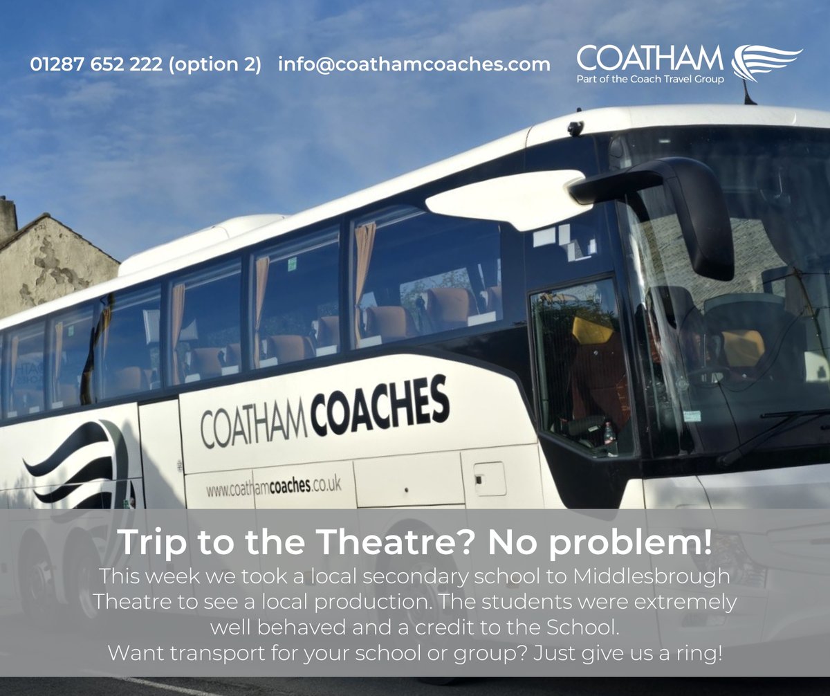 Coatham's tweet photo. Theatre visit? Sporting Event? School trip?
Don't use the rest, use the BEST!
01287 652 222
info@coathamcoaches.com
https://t.co/Pobi4dxgcb https://t.co/8CT05nfKxi