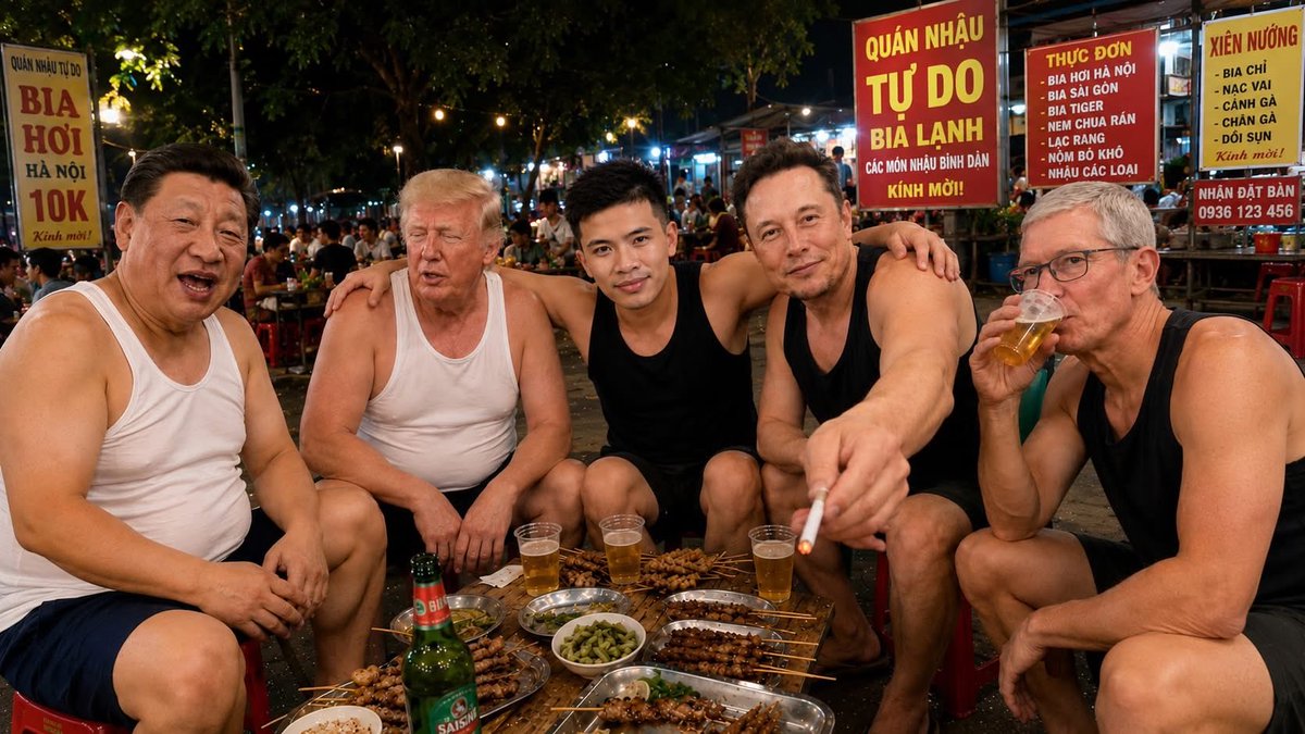AIwithElomask's tweet photo. Just a couple guys solving world problems over cheap beer and grilled meat 🍻😂
Somebody definitely started a podcast after this night.

#Vietnam #BiaHoi #BoysNight #MemeEnergy #SquadGoals https://t.co/9NqExS2bji