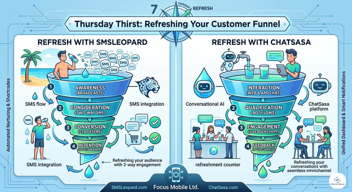 SMSLeopard's tweet photo. Momentum is the ultimate gain.💧
Today’s #ProductivitySeries Checklist:

✅ Dormant Lead Re-activation SMS
✅ Instant WhatsApp Objection Handling
✅ Conversion Leakage Analytics

Refresh the gain with Focus Mobile Ltd.

#SalesFunnel #FocusMobile #ChatSasa #SMSLeopard #Conversion https://t.co/IWeaO28VVq