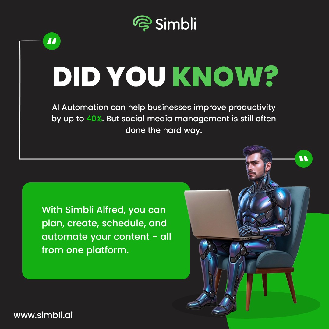 Simbli_ai's tweet photo. Did you know AI automation can boost productivity by up to 40%?

With Simbli Alfred, social media management no longer has to feel like hard work. 

Plan, create, schedule, and automate your content.

 #Simbli #SimbliAlfred #AIAutomation #SocialMediaAutomation #ContentAutomation https://t.co/R6hi1dYl0H