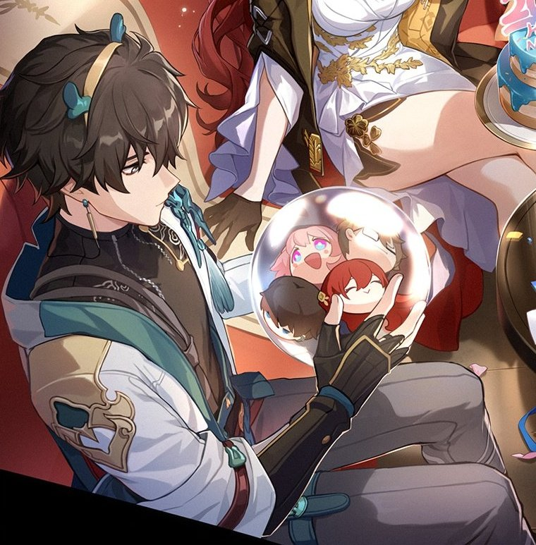 carbidepurple's tweet photo. this is still one of the cutest hsr official arts ever... dan heng with a dragon headband holding the astral express chibis 🥹🥹🥹 https://t.co/seZziG8alv