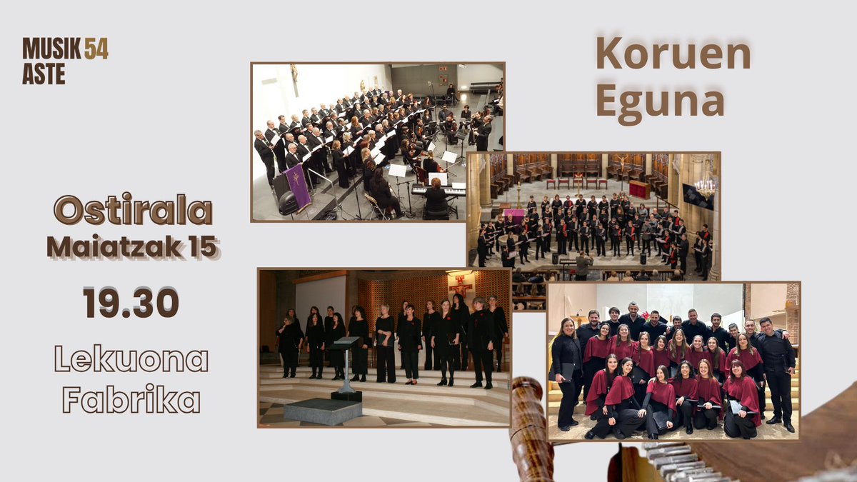 Eresbil's tweet photo. Euskal Herri osoko ahotsez gozatzeko arratsalde bat! ✨

Parte-hartzaileak:
Zaria koru eskola
Ondarreta Abesbatza
Nurat Gazte Abesbatza
San Fermin Abesbatza

📅 maiatzak 15
🕖 19:00
📍 Lekuona Fabrika
🎟️ 8€
https://t.co/lvOwVRQuXP https://t.co/nHRmuls2vr